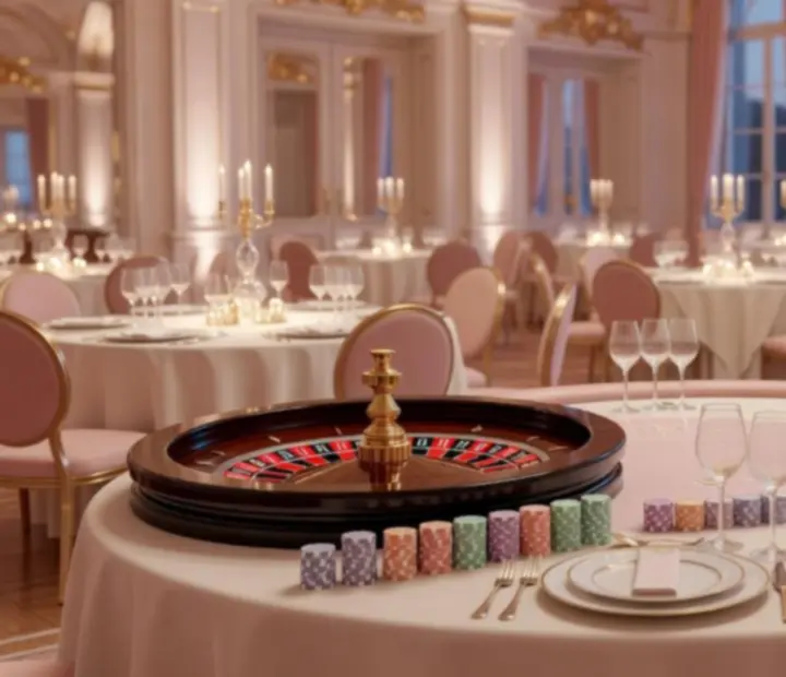 Stilvoll dekorierte Eventlocation f&uuml;r einen Casinoabend mit Spieltischen