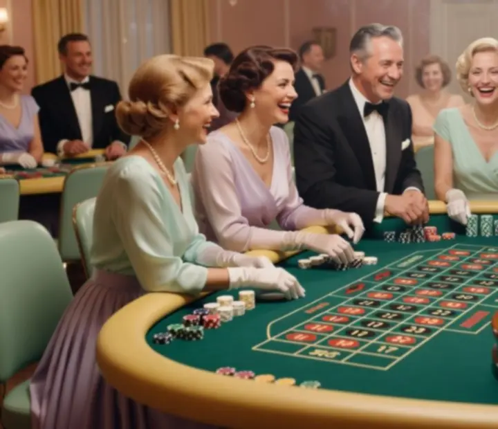 Casinoabend mit gedämpfter Beleuchtung und Gästen an Spieltischen.