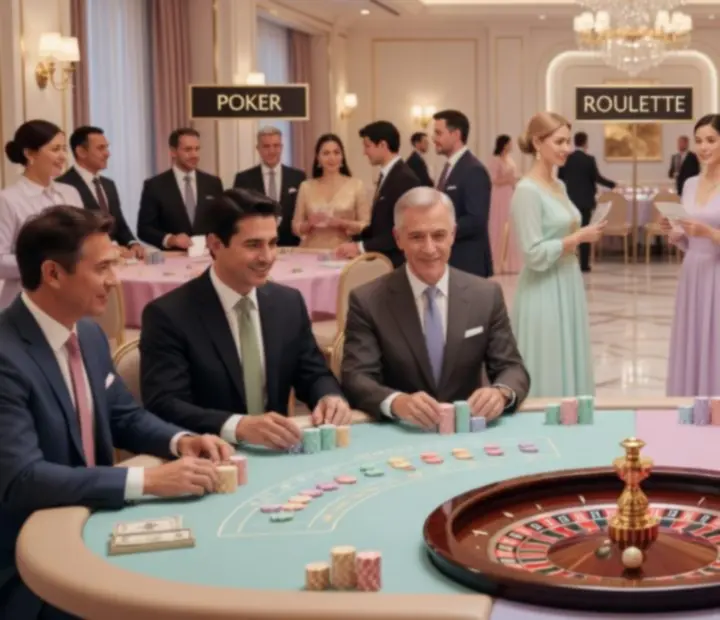 Stilvoll gedeckte Casino-Tische in abendlicher Event-Atmosphäre.