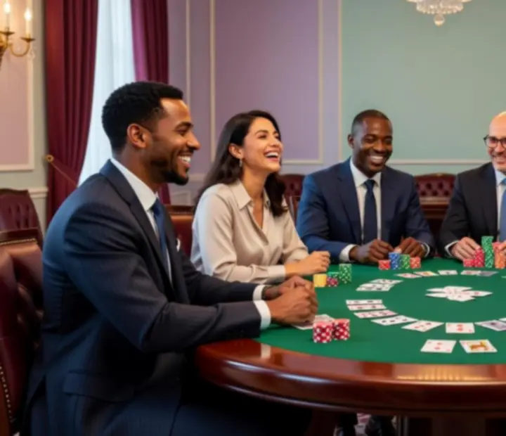 Teilnehmer bei einem Poker-Firmenevent mit Spieltischen
