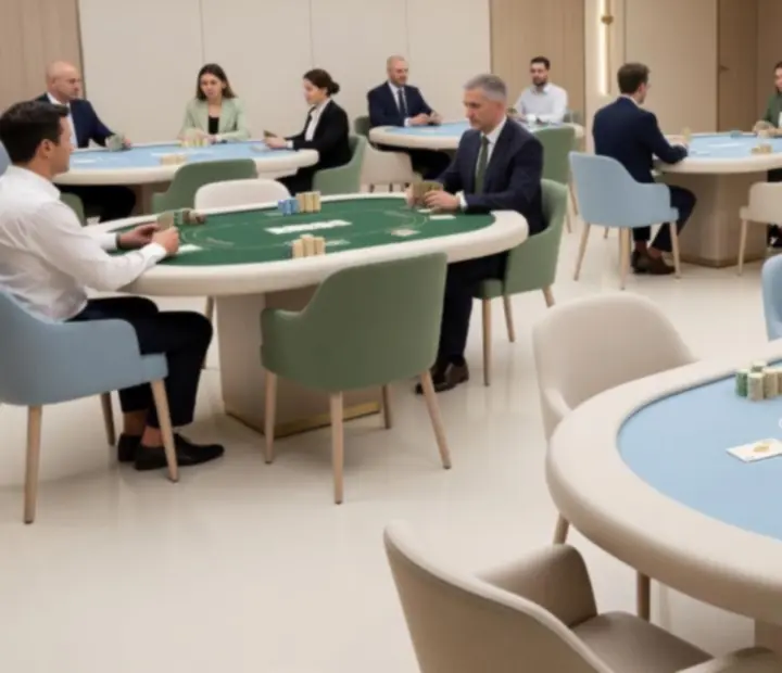 Poker- und Blackjack-Tische mit hochwertigen Spielchips