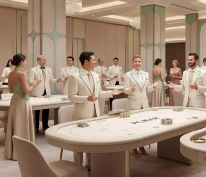 Elegante Eventlocation mit gedämpftem Licht und Gästen in Abendgarderobe.